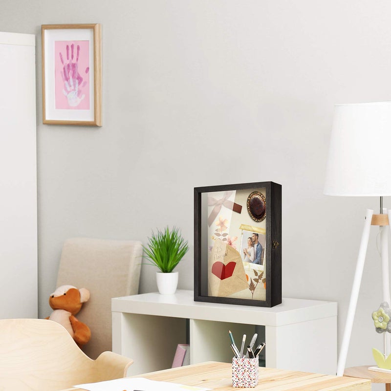 TJMOREE صندوق عرض ظل الزهور TJ.MOREE 11 × 14 إطار ظل كبير مع باب زجاجي لباقة الزفاف والميداليات والصور وصندوق الذكريات للأشياء الثمينة - أسود ريفي - Image 4